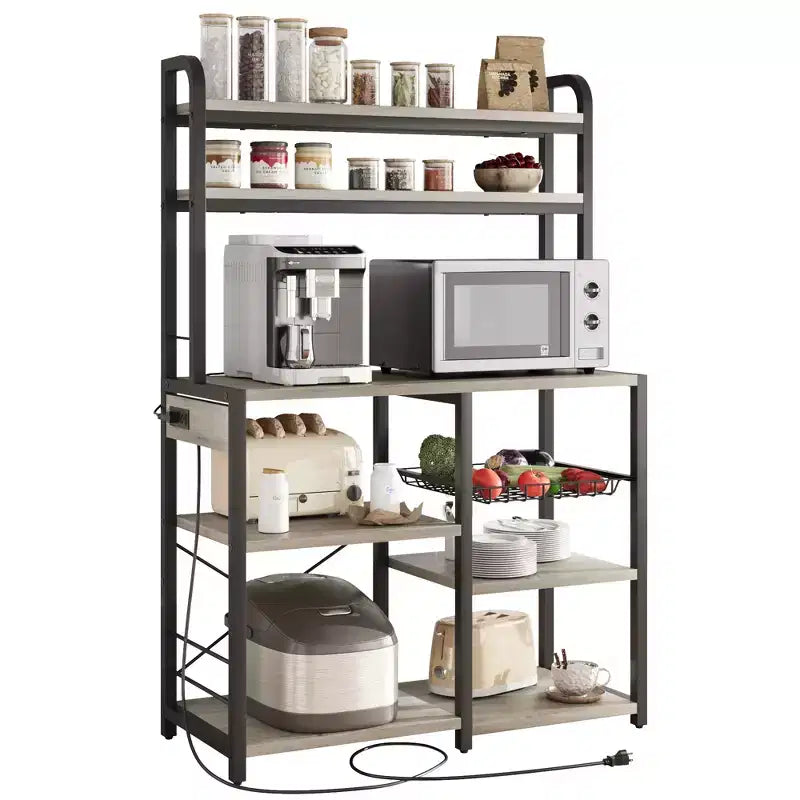 Étagère de Boulanger 5 Niveaux COZONY avec Panier en Fil, Support Micro-ondes avec Prises de Courant et Étagères de Cuisine Ouvertes