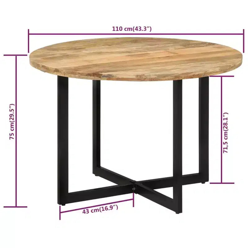 vidaXL Table de salle à manger en bois de manguier avec piètement en fer thermolaqué - Table polyvalente style rétro, diamètre 110 cm