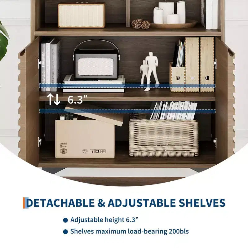 Buffet en bois cannelé de 71 cm avec étagères réglables et portes pour cuisine, salle à manger, appartements