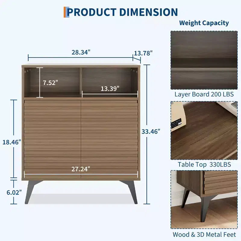 Buffet en bois cannelé de 71 cm avec étagères réglables et portes pour cuisine, salle à manger, appartements