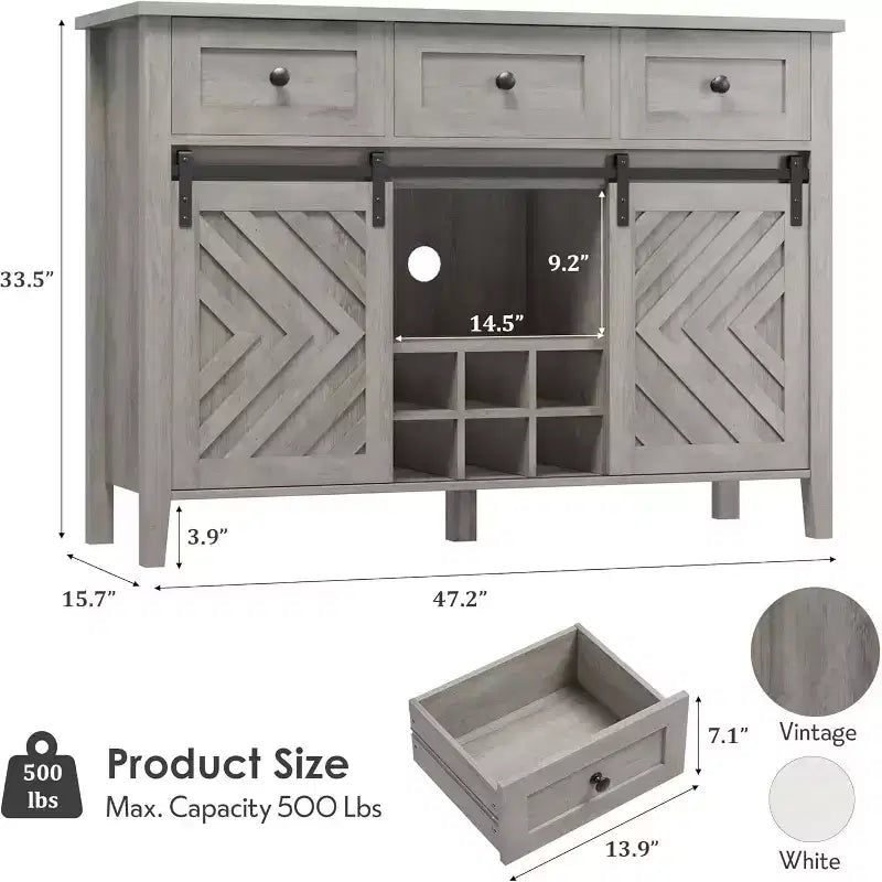 Buffet de ferme GustoWave 47.2, 84,8 cm de haut, avec 3 tiroirs, étagères réglables et casier à vin amovible