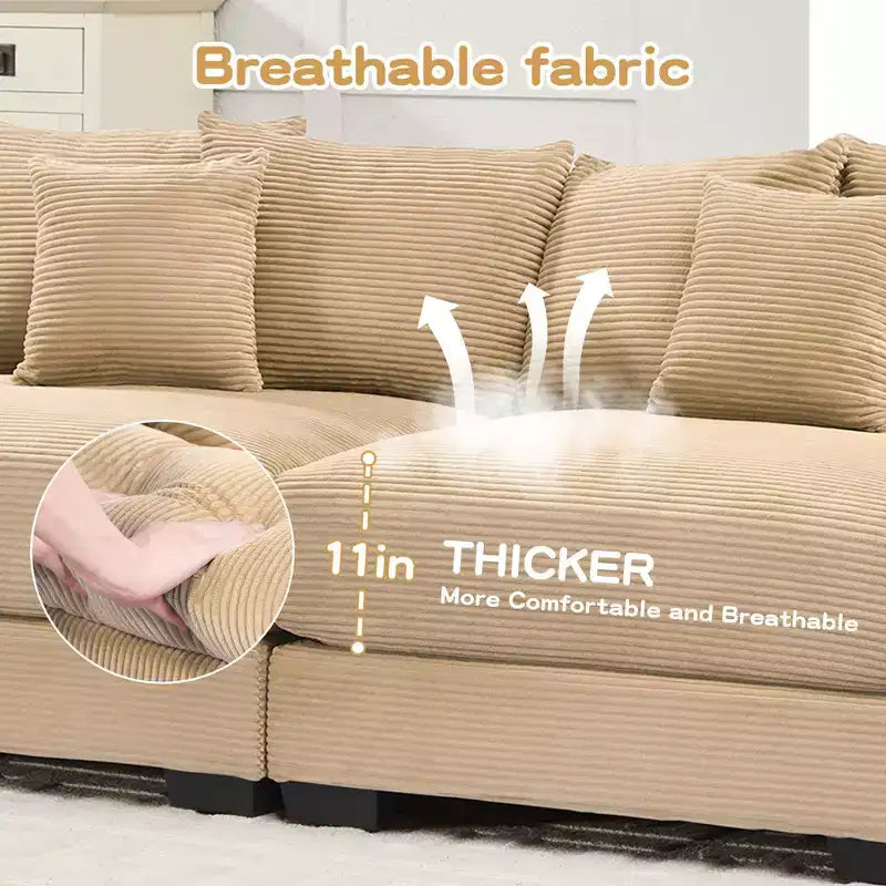 54.3 Canapé modulaire sectionnel Oversized Cloud, accoudoirs extra-épais, coussins à bonne résilience, design ergonomique, tissu velours côtelé doux de qualité supérieure