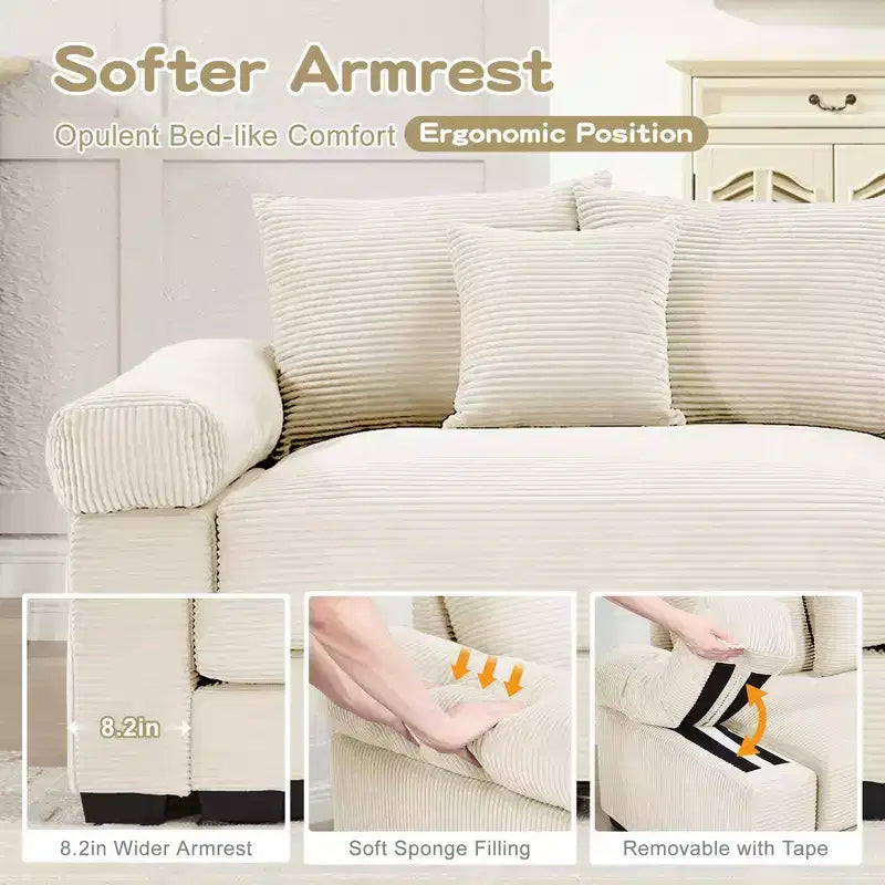 54.3 Canapé modulaire sectionnel Oversized Cloud, accoudoirs extra-épais, coussins à bonne résilience, design ergonomique, tissu velours côtelé doux de qualité supérieure