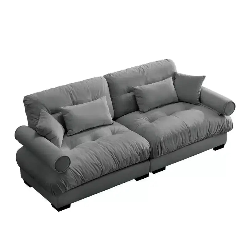 Grand canapé moderne à deux places avec accoudoirs rembourrés, canapé deux places en velours avec coussins lombaires et oreillers décoratifs, chambre à coucher, gris