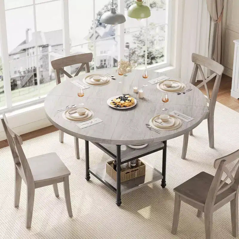 Table à manger ronde de 120 cm pour 4 personnes, Table de cuisine avec étagère de rangement et pieds en métal, Table circulaire pour salon et appartement (Table uniquement)