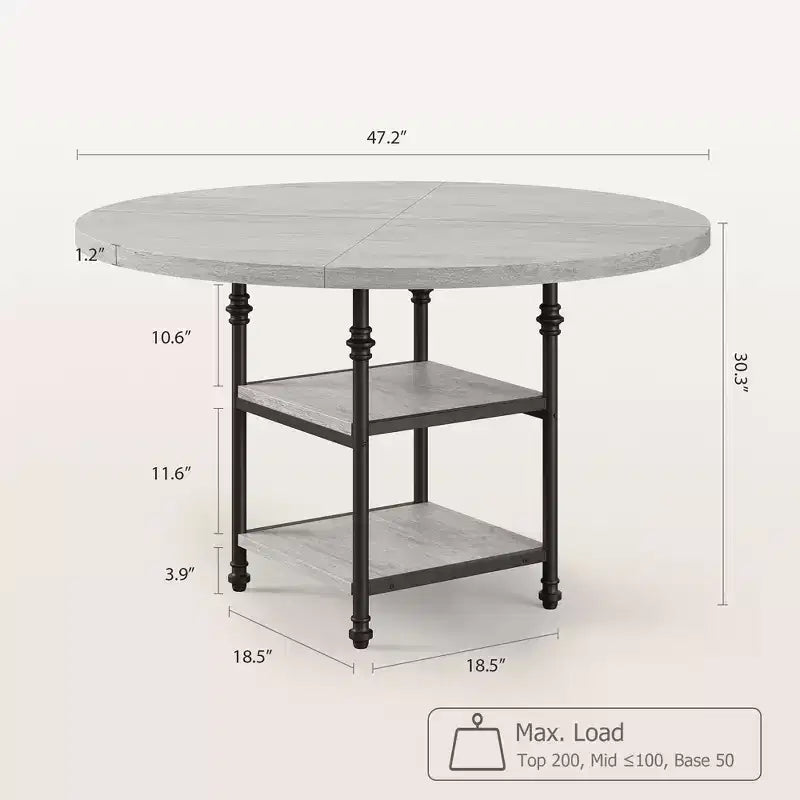 Table à manger ronde de 120 cm pour 4 personnes, Table de cuisine avec étagère de rangement et pieds en métal, Table circulaire pour salon et appartement (Table uniquement)