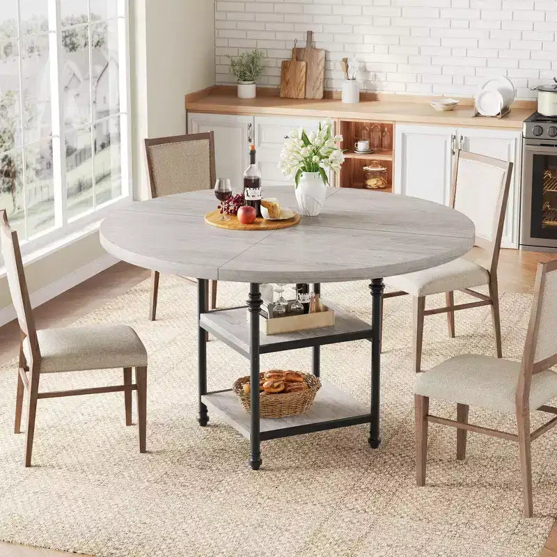 Table à manger ronde de 120 cm pour 4 personnes, Table de cuisine avec étagère de rangement et pieds en métal, Table circulaire pour salon et appartement (Table uniquement)