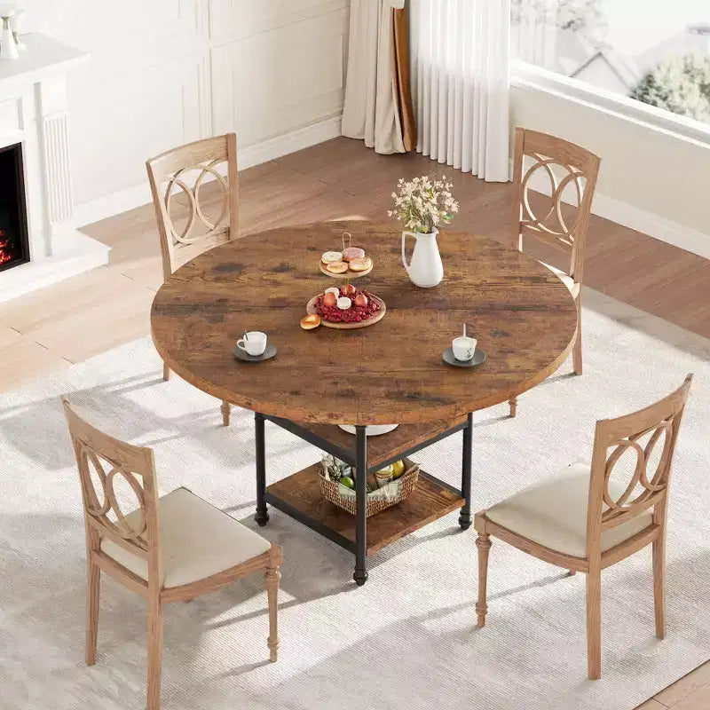 Table à manger ronde de 120 cm pour 4 personnes, Table de cuisine avec étagère de rangement et pieds en métal, Table circulaire pour salon et appartement (Table uniquement)