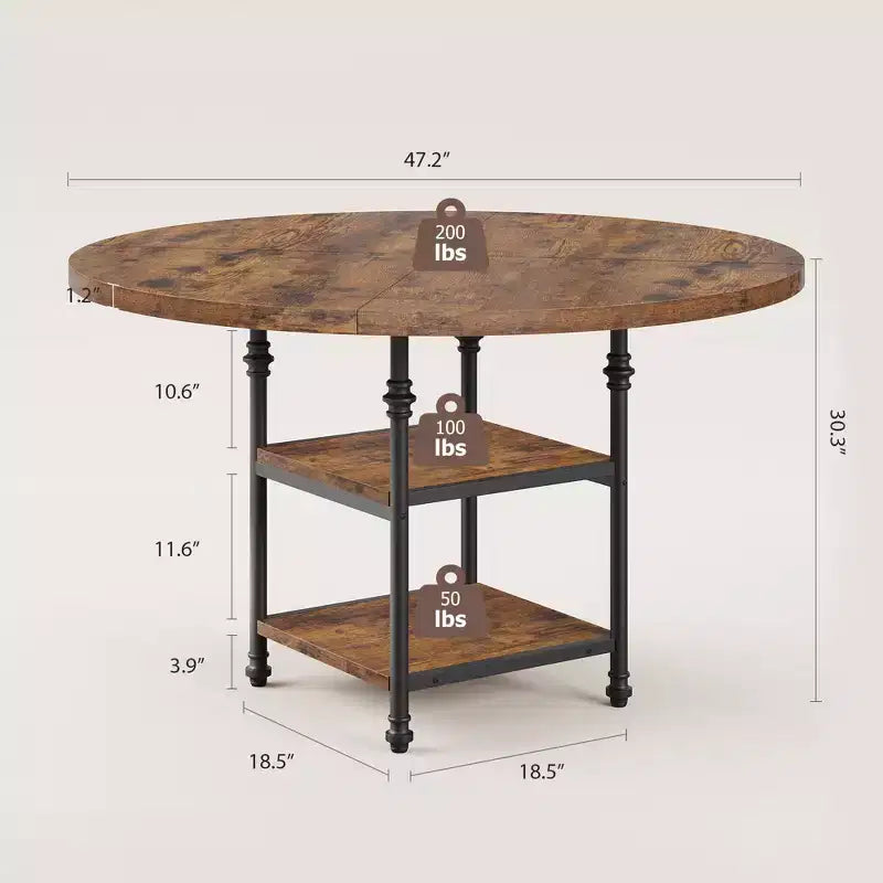 Table à manger ronde de 120 cm pour 4 personnes, Table de cuisine avec étagère de rangement et pieds en métal, Table circulaire pour salon et appartement (Table uniquement)