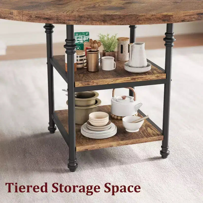 Table à manger ronde de 120 cm pour 4 personnes, Table de cuisine avec étagère de rangement et pieds en métal, Table circulaire pour salon et appartement (Table uniquement)