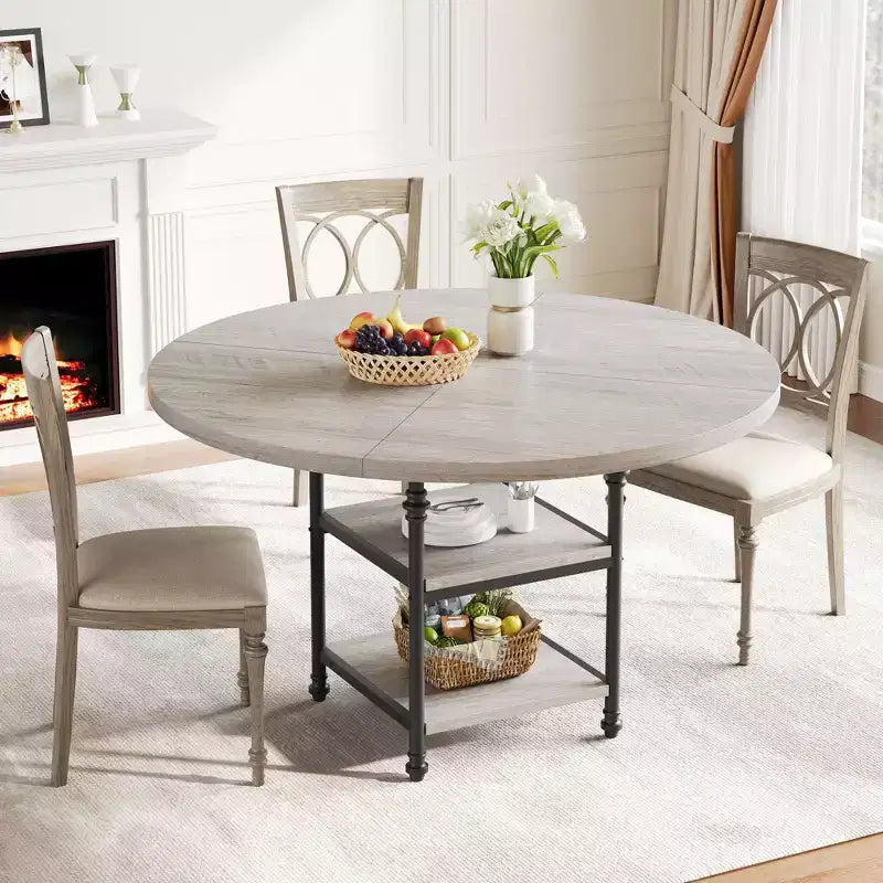 Table à manger ronde de 120 cm pour 4 personnes, Table de cuisine avec étagère de rangement et pieds en métal, Table circulaire pour salon et appartement (Table uniquement)