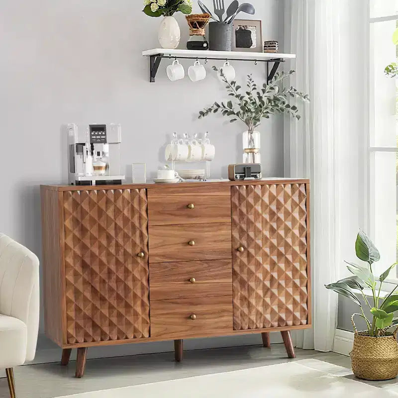 Meuble de rangement 119 cm, Buffet de bar à café avec 4 tiroirs et étagères réglables, Console de couloir, Armoire de rangement de cuisine