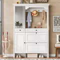 ModernLuxe 4-in-1 Hall Tree White Entryway Shoe Cabinet Mudroom Coat Rack with 4 Hooks, Mirrored Cabinet Door, 2 Flip Drawers & 2 Cabinets