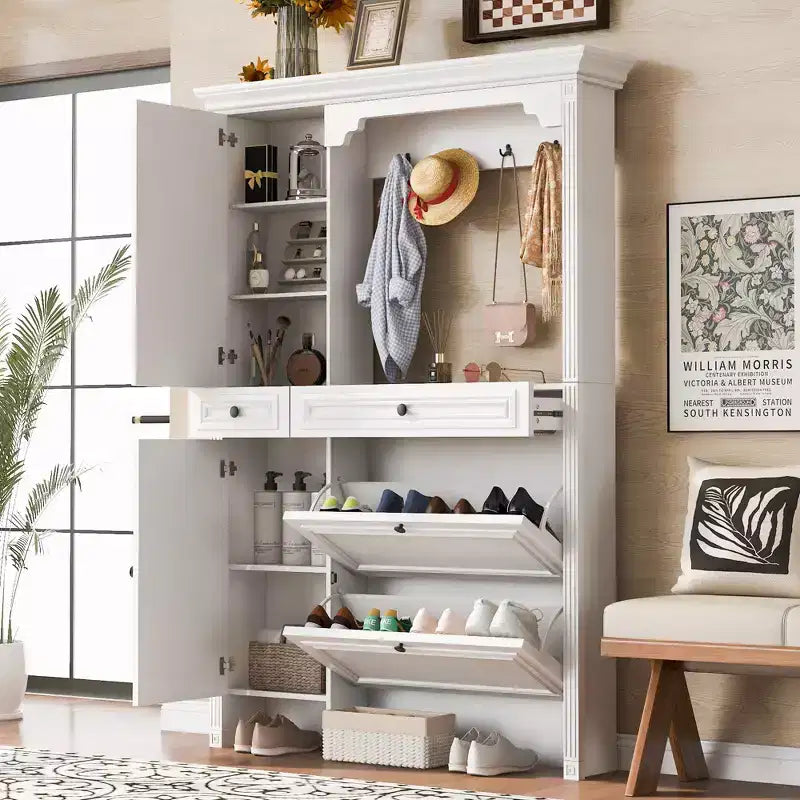 Porte-manteau 4-en-1 ModernLuxe, meuble à chaussures blanc pour entrée, vestiaire avec 4 crochets, porte d'armoire miroir, 2 tiroirs basculants et 2 armoires