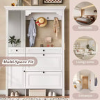 Porte-manteau 4-en-1 ModernLuxe, meuble à chaussures blanc pour entrée, vestiaire avec 4 crochets, porte d'armoire miroir, 2 tiroirs basculants et 2 armoires