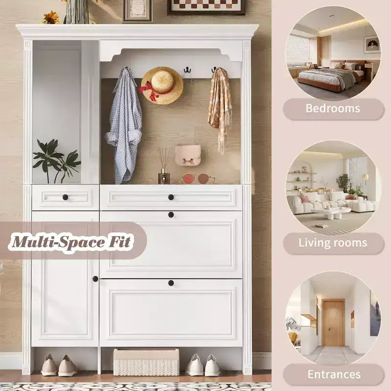 Porte-manteau 4-en-1 ModernLuxe, meuble à chaussures blanc pour entrée, vestiaire avec 4 crochets, porte d'armoire miroir, 2 tiroirs basculants et 2 armoires