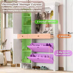 Porte-manteau 4-en-1 ModernLuxe, meuble à chaussures blanc pour entrée, vestiaire avec 4 crochets, porte d'armoire miroir, 2 tiroirs basculants et 2 armoires