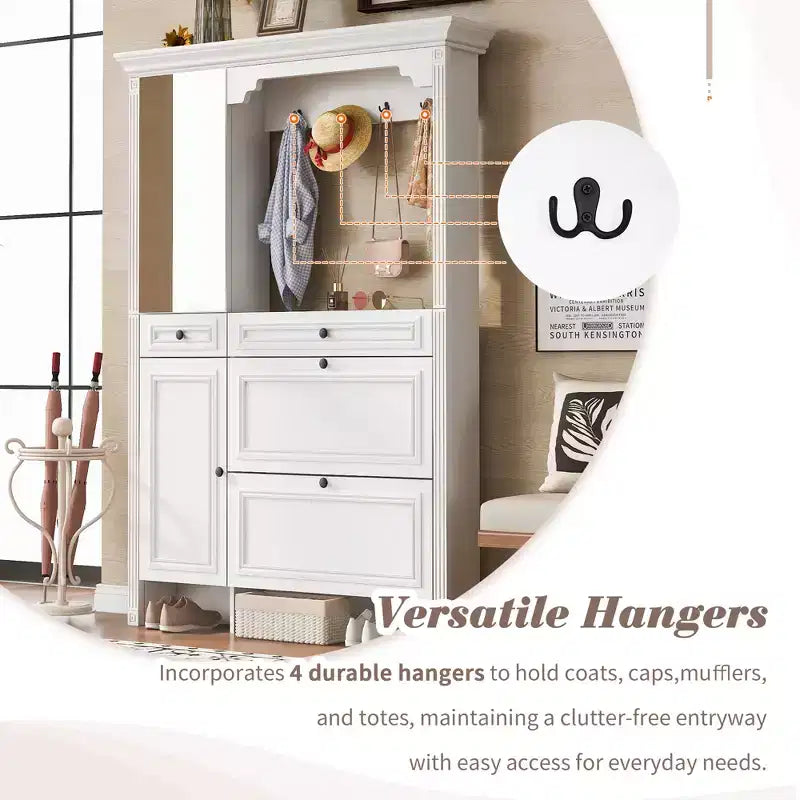 Porte-manteau 4-en-1 ModernLuxe, meuble à chaussures blanc pour entrée, vestiaire avec 4 crochets, porte d'armoire miroir, 2 tiroirs basculants et 2 armoires