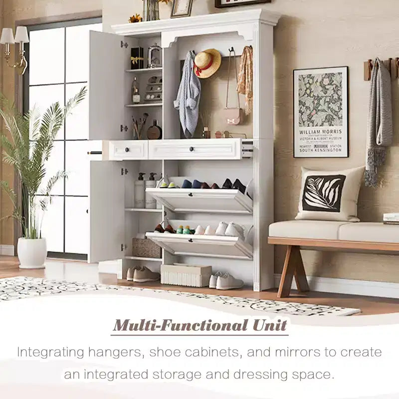 Porte-manteau 4-en-1 ModernLuxe, meuble à chaussures blanc pour entrée, vestiaire avec 4 crochets, porte d'armoire miroir, 2 tiroirs basculants et 2 armoires