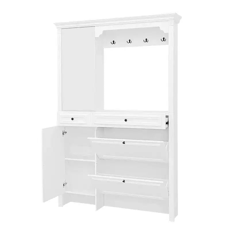 Porte-manteau 4-en-1 ModernLuxe, meuble à chaussures blanc pour entrée, vestiaire avec 4 crochets, porte d'armoire miroir, 2 tiroirs basculants et 2 armoires