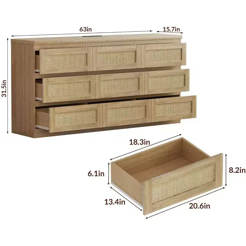 Commode de chambre, Commode en rotin à 9 tiroirs pour placard, Commodes doubles en bois et chiffonnier