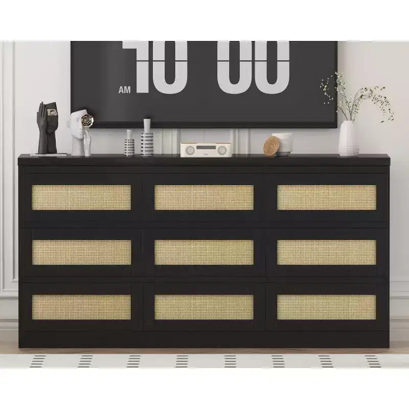 Dresser for Bedroom, Rattan 9 Drawer Dresser for Closet, Double Wood Dressers & Chest of Drawers