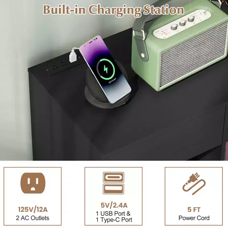 Meuble pour platine vinyle grande taille Costway avec station de charge, compartiments de rangement et 2 tiroirs Blanc/Noir