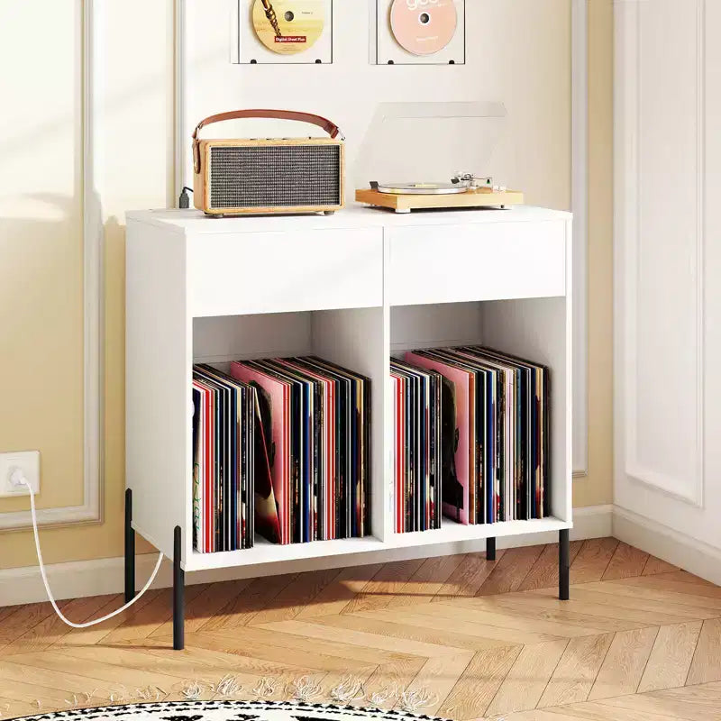 Meuble pour platine vinyle grande taille Costway avec station de charge, compartiments de rangement et 2 tiroirs Blanc/Noir