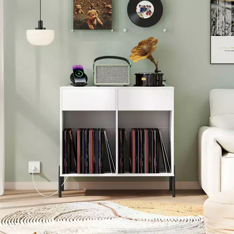 Meuble pour platine vinyle grande taille Costway avec station de charge, compartiments de rangement et 2 tiroirs Blanc/Noir