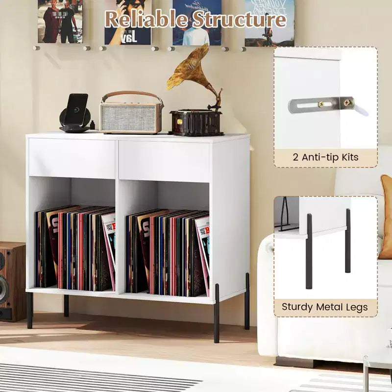Meuble pour platine vinyle grande taille Costway avec station de charge, compartiments de rangement et 2 tiroirs Blanc/Noir