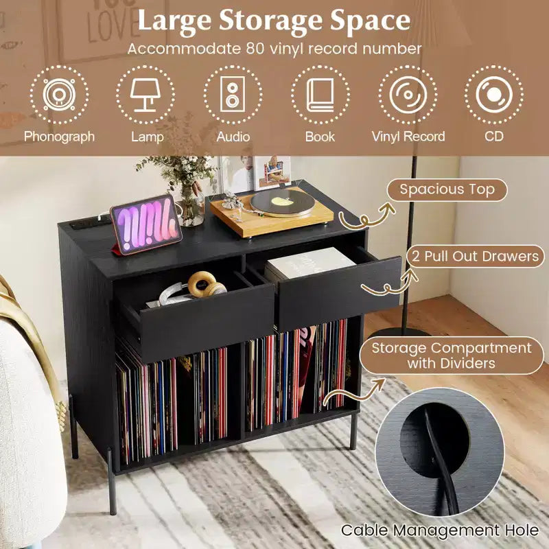 Meuble pour platine vinyle grande taille Costway avec station de charge, compartiments de rangement et 2 tiroirs Blanc/Noir