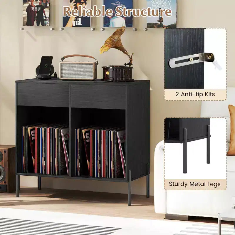 Meuble pour platine vinyle grande taille Costway avec station de charge, compartiments de rangement et 2 tiroirs Blanc/Noir