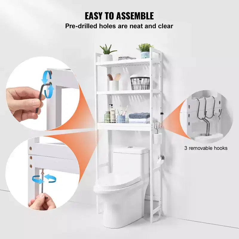 Étagère de Rangement pour Toilettes VEVOR, Organisateur de Salle de Bain 3 Niveaux Réglable, Étagère en Bambou avec 3 Crochets, Convient à la Plupart des Toilettes, Blanc