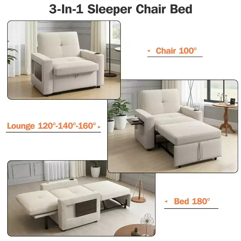 Fauteuil convertible 3 en 1 Dyonery, largeur 42,5 po, avec lit escamotable, ports de chargement USB, table d'appoint et porte-gobelet