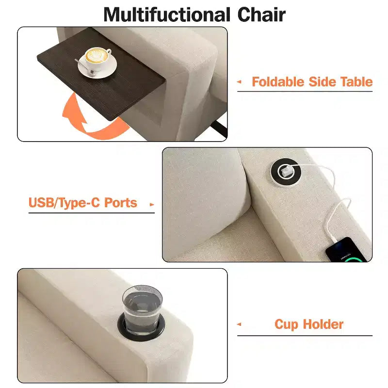 Fauteuil convertible 3 en 1 Dyonery, largeur 42,5 po, avec lit escamotable, ports de chargement USB, table d'appoint et porte-gobelet