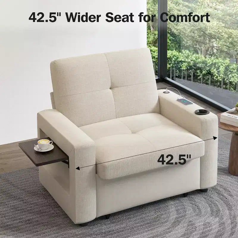 Fauteuil convertible 3 en 1 Dyonery, largeur 42,5 po, avec lit escamotable, ports de chargement USB, table d'appoint et porte-gobelet