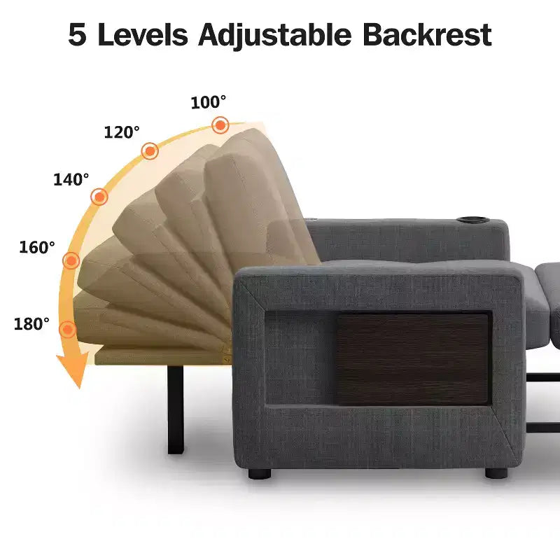 Fauteuil convertible 3 en 1 Dyonery, largeur 42,5 po, avec lit escamotable, ports de chargement USB, table d'appoint et porte-gobelet