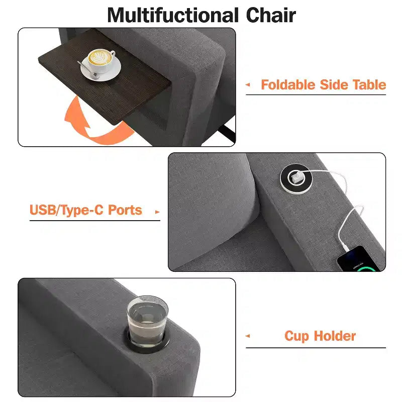 Fauteuil convertible 3 en 1 Dyonery, largeur 42,5 po, avec lit escamotable, ports de chargement USB, table d'appoint et porte-gobelet