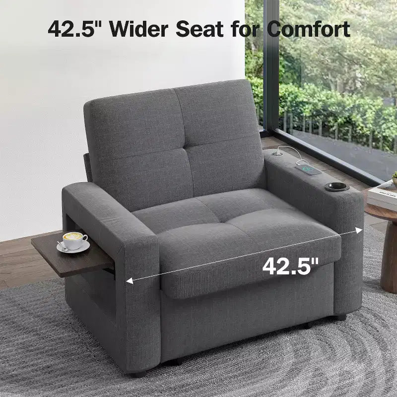 Fauteuil convertible 3 en 1 Dyonery, largeur 42,5 po, avec lit escamotable, ports de chargement USB, table d'appoint et porte-gobelet