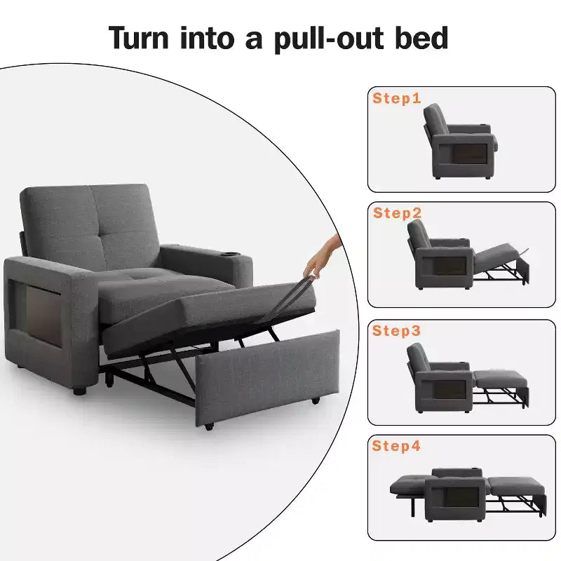 Fauteuil convertible 3 en 1 Dyonery, largeur 42,5 po, avec lit escamotable, ports de chargement USB, table d'appoint et porte-gobelet