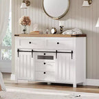 Farmhouse Buffet Cabinet, with 5 Drawers and Sliding Barn Doors, Wood Coffee Bar Table with Adjustable Shelf for Living Room, Dining Room