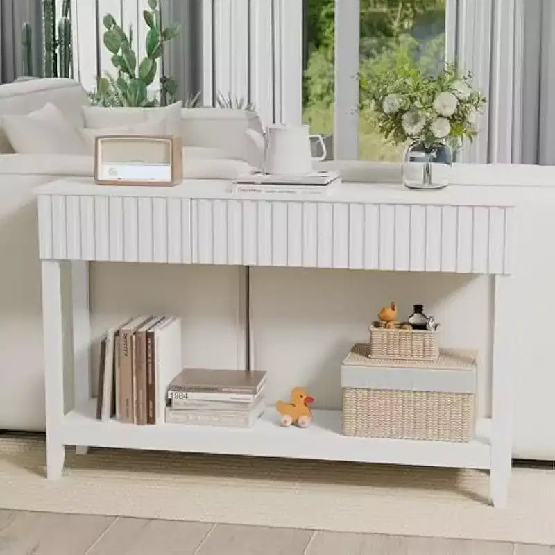 VINGLI Table d'entrée ondulée avec tiroirs, Table console de 130 cm avec étagère de rangement, Table d'appoint étroite, Table d'entrée pour salon, couloir, Blanc