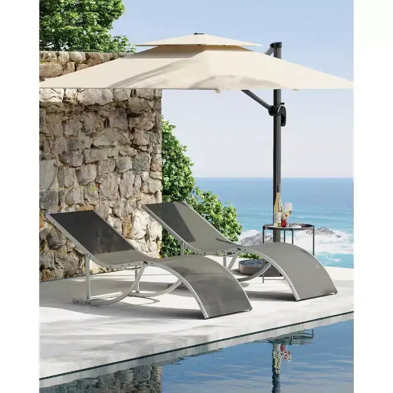 Lot de 2 chaises longues de plage d'extérieur, chaises de bronzage réglables pour terrasse, jardin, arrière-cour, balcon, noir/taupe/gris