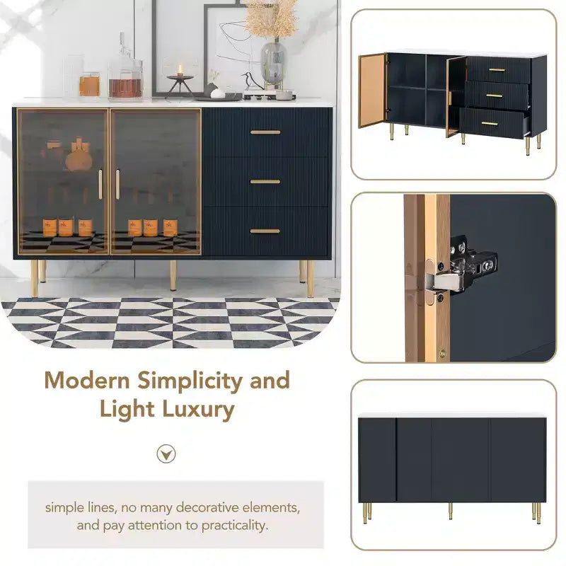Buffet moderne en MDF avec plateau en marbre autocollant, portes en verre trempé ambre-jaune, pieds et poignées en métal doré, bleu marine