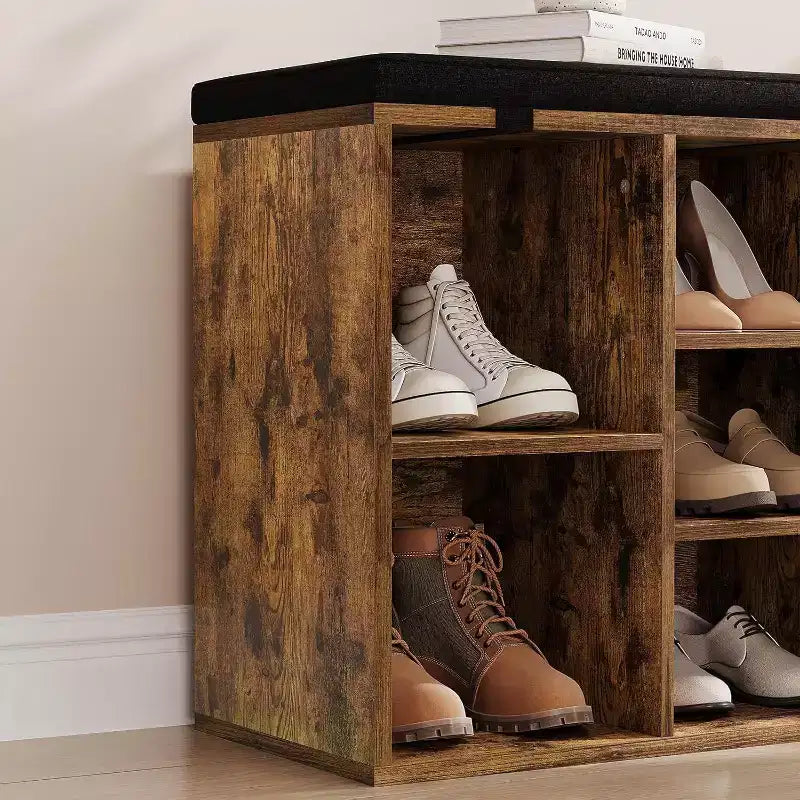 Banc à chaussures avec siège rembourré, banc de rangement à chaussures avec étagères réglables et poches latérales, organisateur de rangement à 5 casiers pour entrée, porche, buanderie