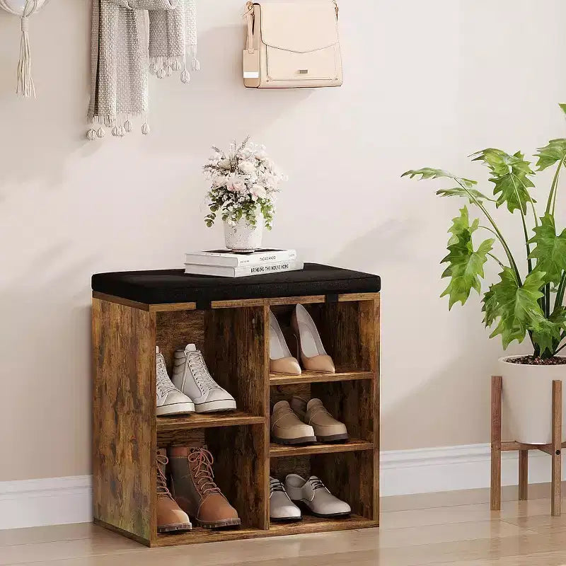 Banc à chaussures avec siège rembourré, banc de rangement à chaussures avec étagères réglables et poches latérales, organisateur de rangement à 5 casiers pour entrée, porche, buanderie