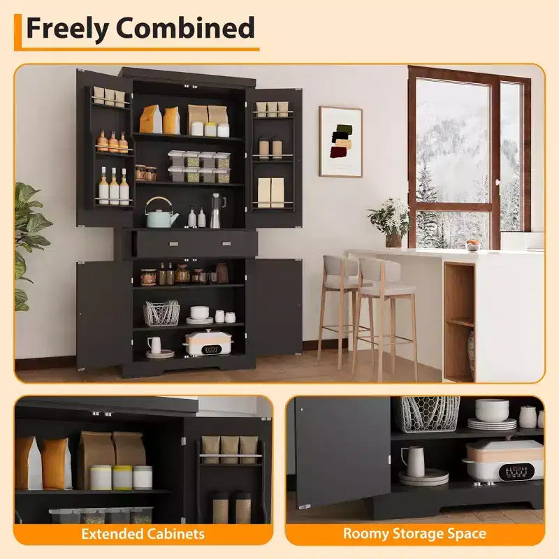Meuble de rangement haut de cuisine de 71,7 po, buffet de rangement autoportant avec étagères réglables, vaisselier en bois