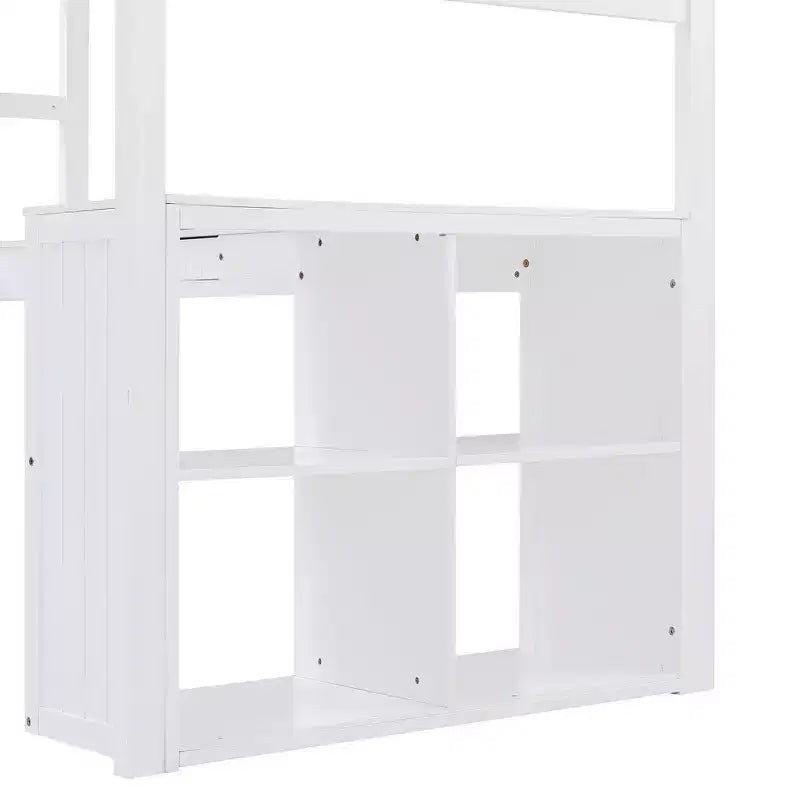Lit mezzanine double Whisen Modern Design en bois avec tiroirs, armoire, étagères et bureau - Blanc