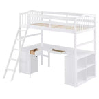 Lit mezzanine double Whisen Modern Design en bois avec tiroirs, armoire, étagères et bureau - Blanc