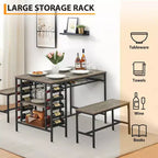 Ensemble table et chaises de salle à manger CuisinSmart pour 4 personnes, table de cuisine avec 2 bancs, ensemble de salle à manger avec porte-bouteilles, marron, noir, gris